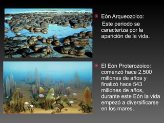 Eón Arqueozoico: Este periodo se caracteriza por la aparición de la vida. El Eón Proterozoico: comenzó hace 2.500 millones de años y finalizó hace 543 millones de años, durante este Eón la vida empezó a diversificarse en los mares. 