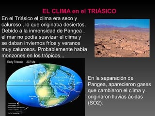 EL CLIMA en el TRIÁSICO En el Triásico el clima era seco y caluroso , lo que originaba desiertos. Debido a la inmensidad de Pangea , el mar no podía suavizar el clima y se daban inviernos fríos y veranos muy calurosos. Probablemente había monzones en los trópicos... En la separación de Pangea, aparecieron gases que cambiaron el clima y originaron lluvias ácidas (SO2). 