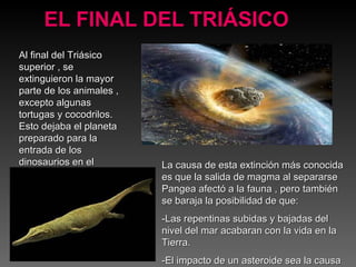 EL FINAL DEL TRIÁSICO Al final del Triásico superior , se extinguieron la mayor parte de los animales , excepto algunas tortugas y cocodrilos. Esto dejaba el planeta preparado para la entrada de los dinosaurios en el Jurásico... La causa de esta extinción más conocida es que la salida de magma al separarse Pangea afectó a la fauna , pero también se baraja la posibilidad de que: -Las repentinas subidas y bajadas del nivel del mar acabaran con la vida en la Tierra. -El impacto de un asteroide sea la causa  
