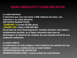 La edad absoluta:  si decimos que una roca tiene 3.000 millones de años, nos referimos a su edad absoluta. ISÓTOPOS RADIACTIVOS CARBONO 14  (hasta 60.000 años) URANIO 238  ( hasta 4.500.000 MA)  El periodo de semi-desintegración, también llamado vida mitad o simplemente periodo, es el lapso necesario para que se desintegren la mitad de los núcleos de una muestra inicial de una sustancia radiactiva.  La edad relativa:  si ordenamos de más antiguo a más moderno los estratos de una región, estamos estableciendo su edad relativa  SUPERPOSICIÓN DE ESTRATOS DENDROCRONOLOGÍA ( conteo anillos de crecimiento) EDAD ABSOLUTA Y EDAD RELATIVA 