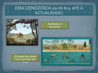 ERA CENOZÓICA (de 65 M.a. ATÉ À ACTUALIDADE)Ambiente do CenozóicoEvolução dos seres vivos ao longo das Eras