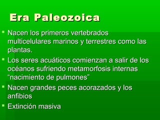 Era Paleozoica
 Nacen los primeros vertebrados
  multicelulares marinos y terrestres como las
  plantas.
 Los seres acuáticos comienzan a salir de los
  océanos sufriendo metamorfosis internas
  “nacimiento de pulmones”
 Nacen grandes peces acorazados y los
  anfibios
 Extinción masiva
 