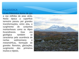 PALEOZOICA
 A era Paleozoica durou de 550
a 250 milhões de anos atrás.
Nesta época a superfície
terrestre passou por grandes
transformações, entre elas, o
surgimento      de    conjuntos
montanhosos como os Alpes
Escandinavos.      Essa     era
geológica       também       se
caracteriza pela ocorrência de
rochas      sedimentares      e
metamórficas, formação de
grandes florestas, glaciações,
surgimento     dos    primeiros
insetos e répteis.
 
