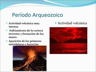 Período Arqueozoico Actividad volcánica muy intensa  Enfriamiento de la corteza terrestre y formación de los mares.   Aparición de los primeros unicelulares y bacterias Actividad volcánic a 