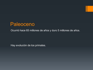 Paleoceno
Ocurrió hace 65 millones de años y duro 5 millones de años.




Hay evolución de los primates.
 