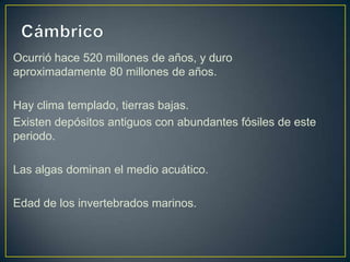 Ocurrió hace 520 millones de años, y duro
aproximadamente 80 millones de años.

Hay clima templado, tierras bajas.
Existen depósitos antiguos con abundantes fósiles de este
periodo.

Las algas dominan el medio acuático.

Edad de los invertebrados marinos.
 
