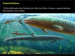 Características
Diversificação das formas de vida na flora e fauna, aparecimento
dos peixes com ossos
 