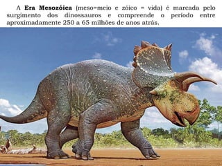 A Era Mesozóica (meso=meio e zóico = vida) é marcada pelo
surgimento dos dinossauros e compreende o período entre
aproximadamente 250 a 65 milhões de anos atrás.
 