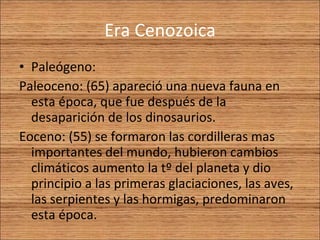 Era Cenozoica Paleógeno: Paleoceno: (65) apareció una nueva fauna en esta época, que fue después de la desaparición de los dinosaurios. Eoceno: (55) se formaron las cordilleras mas importantes del mundo, hubieron cambios climáticos aumento la tº del planeta y dio principio a las primeras glaciaciones, las aves, las serpientes y las hormigas, predominaron esta época. 