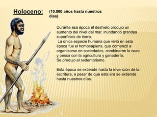 Holoceno:
Durante esa época el deshielo produjo un
aumento del nivel del mar, inundando grandes
superficies de tierra.
La única especie humana que vivió en esta
época fue el homosapiens, que comenzó a
organizarse en sociedades, combinaron la caza
y pesca con la agricultura y ganadería.
Se produjo el sedentarismo.
Esta época se extiende hasta la invención de la
escritura, a pesar de que esta era se extiende
hasta nuestros días.
(10.000 años hasta nuestros
días)
 