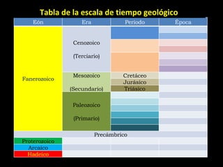 Tabla de la escala de tiempo geológico Eón Era Período Época Fanerozoico Cenozoico (Terciario) Mesozoico (Secundario) Cretáceo Jurásico Triásico Paleozoico (Primario) Precámbrico Proterozoico Arcaico Hadeico 