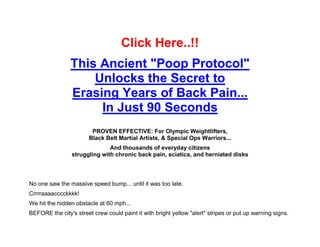 Click Here..!!
This Ancient "Poop Protocol"
Unlocks the Secret to
Erasing Years of Back Pain...
In Just 90 Seconds
PROVEN EFFECTIVE: For Olympic Weightlifters,
Black Belt Martial Artists, & Special Ops Warriors...
And thousands of everyday citizens
struggling with chronic back pain, sciatica, and herniated disks
No one saw the massive speed bump... until it was too late.
Crrrraaaacccckkkk!
We hit the hidden obstacle at 60 mph...
BEFORE the city's street crew could paint it with bright yellow "alert" stripes or put up warning signs.
 
