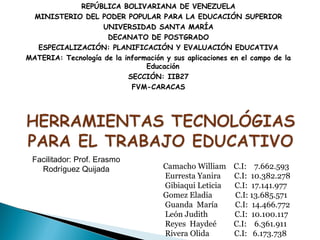 REPÚBLICA BOLIVARIANA DE VENEZUELA
MINISTERIO DEL PODER POPULAR PARA LA EDUCACIÓN SUPERIOR
UNIVERSIDAD SANTA MARÍA
DECANATO DE POSTGRADO
ESPECIALIZACIÓN: PLANIFICACIÓN Y EVALUACIÓN EDUCATIVA
MATERIA: Tecnología de la información y sus aplicaciones en el campo de la
Educación
SECCIÓN: IIB27
FVM-CARACAS
Facilitador: Prof. Erasmo
Rodríguez Quijada Camacho William C.I: 7.662.593
Eurresta Yanira C.I: 10.382.278
Gibiaqui Leticia C.I: 17.141.977
Gomez Eladia C.I: 13.685.571
Guanda María C.I: 14.466.772
León Judith C.I: 10.100.117
Reyes Haydeé C.I: 6.361.911
Rivera Olida C.I: 6.173.738
 