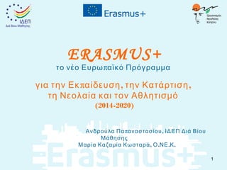 ERASMUS+

το νέο Ευρω παϊκό Πρόγραμμα

για την Εκ παίδευση , την Κατάρτιση ,
τη Νεολαία και τον Αθλητισμό
(2014-2020)
Ανδρούλα Πα παναστασίου , ΙΔΕΠ Διά Βίου
Μάθησης
Μαρία Καζαμία Κωσταρά , Ο .ΝΕ .Κ .
1

 