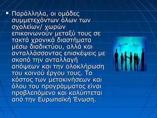  Παράλληλα, οι ομάδεςΠαράλληλα, οι ομάδες
συμμετεχόντων όλων τωνσυμμετεχόντων όλων των
σχολείων/ χωρώνσχολείων/ χωρών
επικοινωνούν μεταξύ τους σεεπικοινωνούν μεταξύ τους σε
τακτά χρονικά διαστήματατακτά χρονικά διαστήματα
μέσω διαδικτύου, αλλά καιμέσω διαδικτύου, αλλά και
ανταλλάσσοντας επισκέψεις μεανταλλάσσοντας επισκέψεις με
σκοπό την ανταλλαγήσκοπό την ανταλλαγή
απόψεων και την ολοκλήρωσηαπόψεων και την ολοκλήρωση
του κοινού έργου τους. Τοτου κοινού έργου τους. Το
κόστος των μετακινήσεων καικόστος των μετακινήσεων και
όλου του προγράμματος είναιόλου του προγράμματος είναι
προβλεπόμενο και καλύπτεταιπροβλεπόμενο και καλύπτεται
από την Ευρωπαϊκή Ένωση.από την Ευρωπαϊκή Ένωση.
 