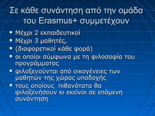 Σε κάθε συνάντηση από την ομάδαΣε κάθε συνάντηση από την ομάδα
τουτου Erasmus+Erasmus+ συμμετέχουνσυμμετέχουν
 Μέχρι 2 εκπαιδευτικοίΜέχρι 2 εκπαιδευτικοί
 Μέχρι 3 μαθητές,Μέχρι 3 μαθητές,
 (διαφορετικοί κάθε φορά)(διαφορετικοί κάθε φορά)
 οι οποίοι σύμφωνα με τη φιλοσοφία τουοι οποίοι σύμφωνα με τη φιλοσοφία του
προγράμματοςπρογράμματος
 φιλοξενούνται από οικογένειες τωνφιλοξενούνται από οικογένειες των
μαθητών της χώρας υποδοχήςμαθητών της χώρας υποδοχής
 τους οποίους πιθανότατα θατους οποίους πιθανότατα θα
φιλοξενήσουν κι εκείνοι σε επόμενηφιλοξενήσουν κι εκείνοι σε επόμενη
συνάντησησυνάντηση
 