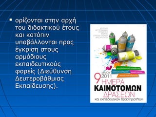  ορίζονται στην αρχήορίζονται στην αρχή
του διδακτικού έτουςτου διδακτικού έτους
και κατόπινκαι κατόπιν
υποβάλλονται προςυποβάλλονται προς
έγκριση στουςέγκριση στους
αρμόδιουςαρμόδιους
εκπαιδευτικούςεκπαιδευτικούς
φορείς (Διεύθυνσηφορείς (Διεύθυνση
ΔευτεροβάθμιαςΔευτεροβάθμιας
Εκπαίδευσης).Εκπαίδευσης).
 