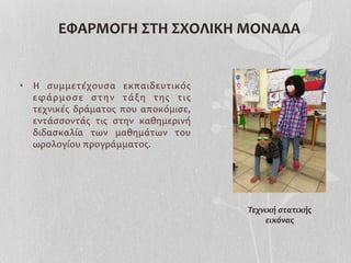  
•  Η	
   συμμετέχουσα	
   εκπαιδευτικός	
  
εφάρμοσε	
   στην	
   τάξη	
   της	
   τις	
  
τεχνικές	
   δράματος	
   που	
   αποκόμισε,	
  
εντάσσοντάς	
   τις	
   στην	
   καθημερινή	
  
διδασκαλία	
   των	
   μαθημάτων	
   του	
  
ωρολογίου	
  προγράμματος.	
  
	
  	
  	
  	
  	
  	
  
Τεχνική	
  στατικής	
  	
  
εικόνας	
  
ΕΦΑΡΜΟΓΗ	
  ΣΤΗ	
  ΣΧΟΛΙΚΗ	
  ΜΟΝΑΔΑ	
  
 