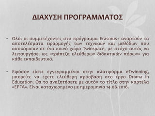 •  Ολοι	
   οι	
   συμμετέχοντες	
   στο	
   πρόγραμμα	
   Erasmus+	
   αναρτούν	
   τα	
  
αποτελέσματα	
   εφαρμογής	
   των	
   τεχνικών	
   και	
   μεθόδων	
   που	
  
αποκόμισαν	
   σε	
   ένα	
   κοινό	
   χώρο	
   Twinspace,	
   με	
   στόχο	
   αυτός	
   να	
  
λειτουργήσει	
   ως	
   «τράπεζα	
   ελεύθερων	
   διδακτικών	
   πόρων»	
   για	
  
κάθε	
  εκπαιδευτικό.	
  
	
  
•  Εφόσον	
   είστε	
   εγγεγραμμένοι	
   στην	
   πλατφόρμα	
   eTwinning,	
  
μπορείτε	
   να	
   έχετε	
   ελεύθερη	
   πρόσβαση	
   στο	
   έργο	
   Drama	
   in	
  
Education.	
  Θα	
  το	
  αναζητήσετε	
  με	
  αυτόν	
  το	
  τίτλο	
  στην	
  καρτέλα	
  
«ΕΡΓΑ».	
  Είναι	
  καταχωρημένο	
  με	
  ημερομηνία	
  14.06.2016.	
  
ΔΙΑΧΥΣΗ	
  ΠΡΟΓΡΑΜΜΑΤΟΣ	
  
 