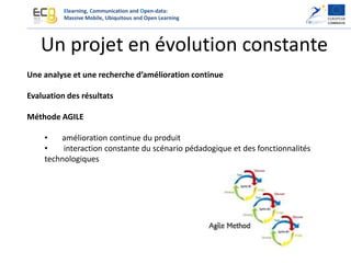 Elearning, Communication and Open-data:
Massive Mobile, Ubiquitous and Open Learning
Un projet en évolution constante
Une analyse et une recherche d’amélioration continue
Evaluation des résultats
Méthode AGILE
• amélioration continue du produit
• interaction constante du scénario pédadogique et des fonctionnalités
technologiques
 