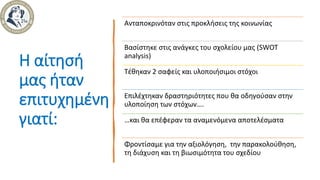 Η αίτησή
μας ήταν
επιτυχημένη
γιατί:
Ανταποκρινόταν στις προκλήσεις της κοινωνίας
Βασίστηκε στις ανάγκες του σχολείου μας (SWOT
analysis)
Τέθηκαν 2 σαφείς και υλοποιήσιμοι στόχοι
Επιλέχτηκαν δραστηριότητες που θα οδηγούσαν στην
υλοποίηση των στόχων….
…και θα επέφεραν τα αναμενόμενα αποτελέσματα
Φροντίσαμε για την αξιολόγηση, την παρακολούθηση,
τη διάχυση και τη βιωσιμότητα του σχεδίου
 