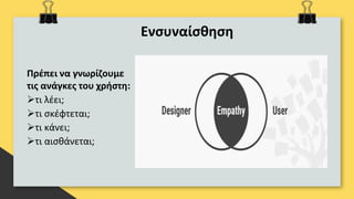 Ενσυναίσθηση
Πρέπει να γνωρίζουμε
τις ανάγκες του χρήστη:
τι λέει;
τι σκέφτεται;
τι κάνει;
τι αισθάνεται;
 