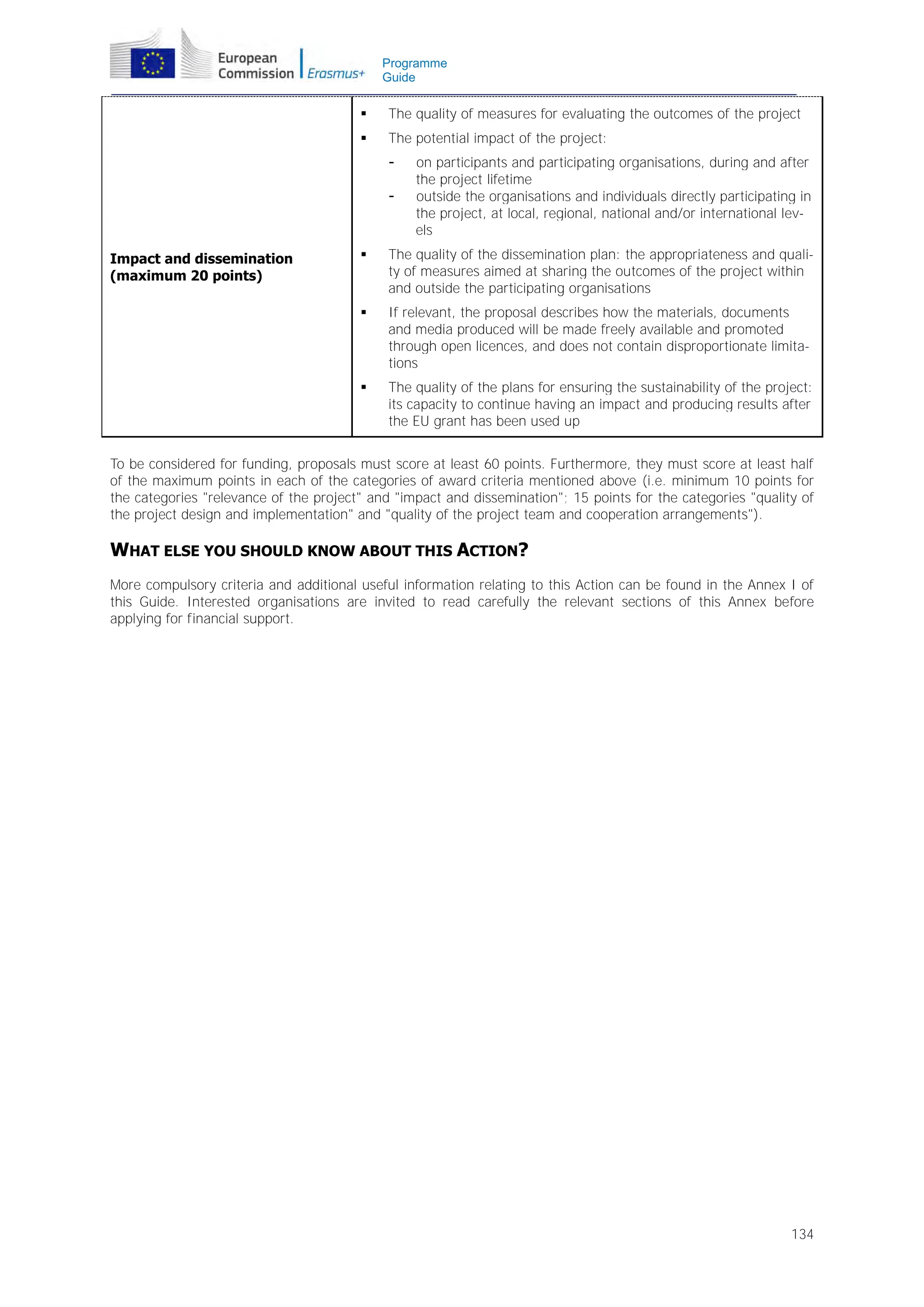 Programme
Guide




The quality of measures for evaluating the outcomes of the project
The potential impact of the project:
-

on participants and participating organisations, during and after
the project lifetime
outside the organisations and individuals directly participating in
the project, at local, regional, national and/or international levels



The quality of the dissemination plan: the appropriateness and quality of measures aimed at sharing the outcomes of the project within
and outside the participating organisations



If relevant, the proposal describes how the materials, documents
and media produced will be made freely available and promoted
through open licences, and does not contain disproportionate limitations



Impact and dissemination
(maximum 20 points)

The quality of the plans for ensuring the sustainability of the project:
its capacity to continue having an impact and producing results after
the EU grant has been used up

To be considered for funding, proposals must score at least 60 points. Furthermore, they must score at least half
of the maximum points in each of the categories of award criteria mentioned above (i.e. minimum 10 points for
the categories "relevance of the project" and "impact and dissemination"; 15 points for the categories "quality of
the project design and implementation" and "quality of the project team and cooperation arrangements").

WHAT ELSE YOU SHOULD KNOW ABOUT THIS ACTION?
More compulsory criteria and additional useful information relating to this Action can be found in the Annex I of
this Guide. Interested organisations are invited to read carefully the relevant sections of this Annex before
applying for financial support.

134

 