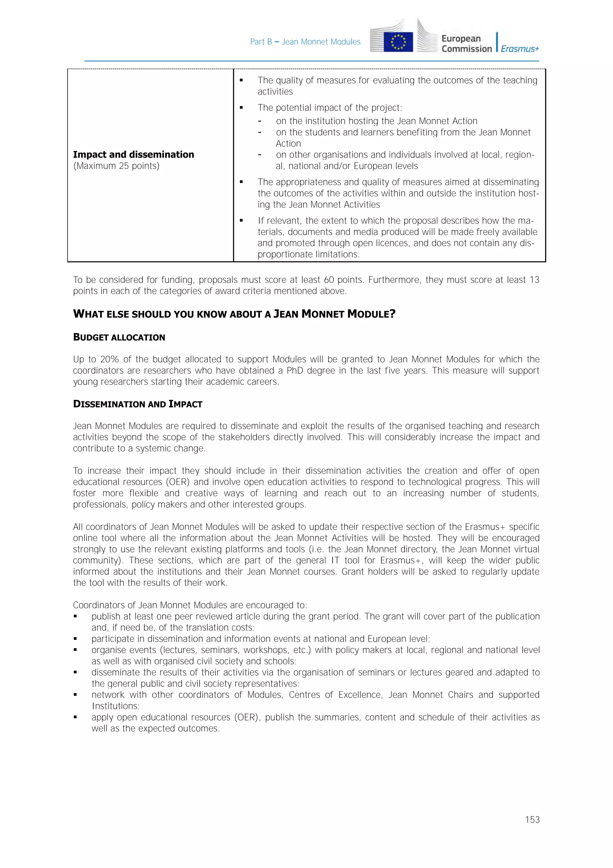 Part B – Jean Monnet Modules



The quality of measures for evaluating the outcomes of the teaching
activities



The potential impact of the project:
on the institution hosting the Jean Monnet Action
on the students and learners benefiting from the Jean Monnet
Action
on other organisations and individuals involved at local, regional, national and/or European levels



The appropriateness and quality of measures aimed at disseminating
the outcomes of the activities within and outside the institution hosting the Jean Monnet Activities



If relevant, the extent to which the proposal describes how the materials, documents and media produced will be made freely available
and promoted through open licences, and does not contain any disproportionate limitations.

Impact and dissemination
(Maximum 25 points)

To be considered for funding, proposals must score at least 60 points. Furthermore, they must score at least 13
points in each of the categories of award criteria mentioned above.

WHAT ELSE SHOULD YOU KNOW ABOUT A JEAN MONNET MODULE?
BUDGET ALLOCATION
Up to 20% of the budget allocated to support Modules will be granted to Jean Monnet Modules for which the
coordinators are researchers who have obtained a PhD degree in the last five years. This measure will support
young researchers starting their academic careers.

DISSEMINATION AND IMPACT
Jean Monnet Modules are required to disseminate and exploit the results of the organised teaching and research
activities beyond the scope of the stakeholders directly involved. This will considerably increase the impact and
contribute to a systemic change.
To increase their impact they should include in their dissemination activities the creation and offer of open
educational resources (OER) and involve open education activities to respond to technological progress. This will
foster more flexible and creative ways of learning and reach out to an increasing number of students,
professionals, policy makers and other interested groups.
All coordinators of Jean Monnet Modules will be asked to update their respective section of the Erasmus+ specific
online tool where all the information about the Jean Monnet Activities will be hosted. They will be encouraged
strongly to use the relevant existing platforms and tools (i.e. the Jean Monnet directory, the Jean Monnet virtual
community). These sections, which are part of the general IT tool for Erasmus+, will keep the wider public
informed about the institutions and their Jean Monnet courses. Grant holders will be asked to regularly update
the tool with the results of their work.
Coordinators of Jean Monnet Modules are encouraged to:

publish at least one peer reviewed article during the grant period. The grant will cover part of the publication
and, if need be, of the translation costs;

participate in dissemination and information events at national and European level;

organise events (lectures, seminars, workshops, etc.) with policy makers at local, regional and national level
as well as with organised civil society and schools;

disseminate the results of their activities via the organisation of seminars or lectures geared and adapted to
the general public and civil society representatives;

network with other coordinators of Modules, Centres of Excellence, Jean Monnet Chairs and supported
Institutions;

apply open educational resources (OER), publish the summaries, content and schedule of their activities as
well as the expected outcomes.

153

 