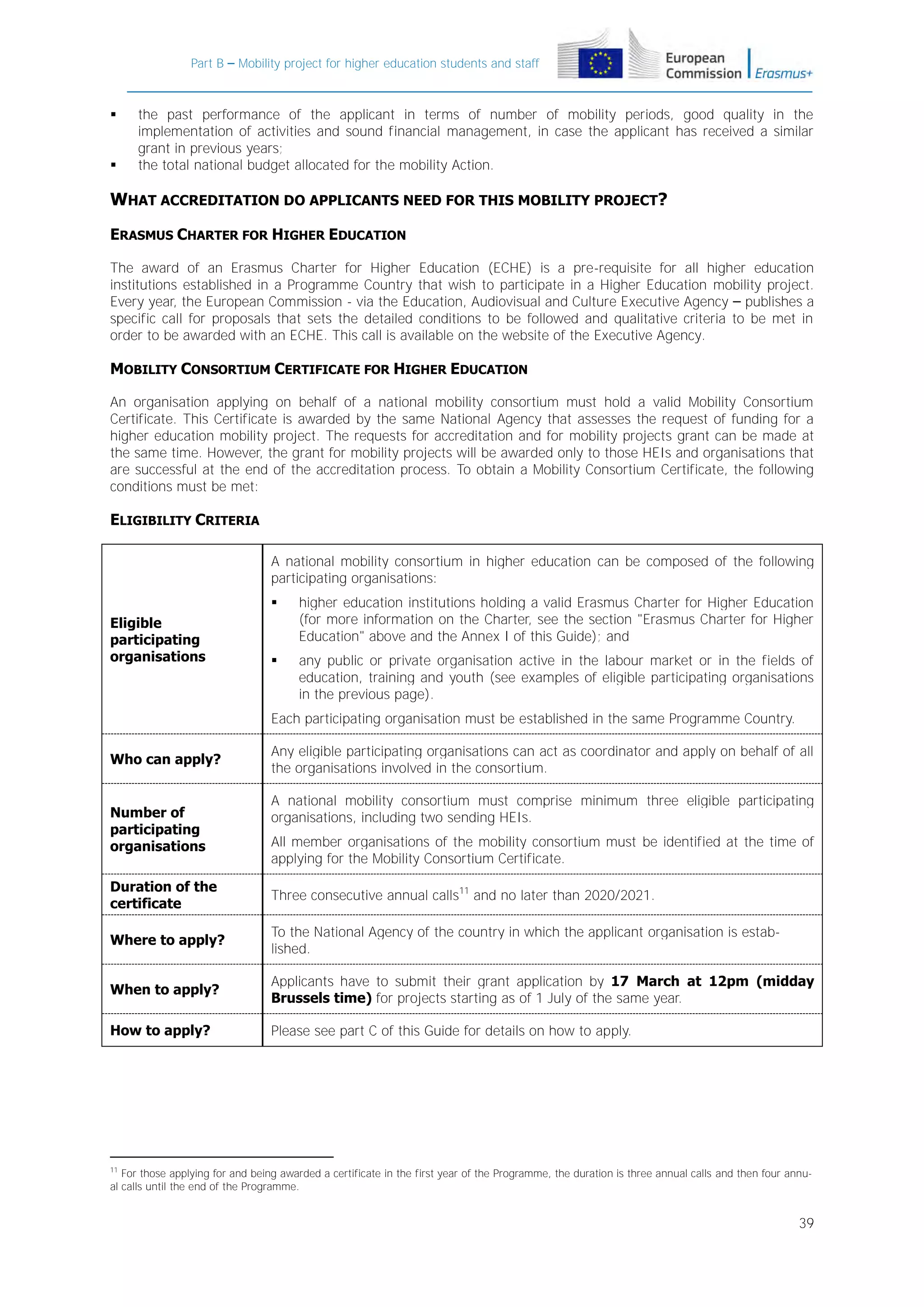 Part B – Mobility project for higher education students and staff





the past performance of the applicant in terms of number of mobility periods, good quality in the
implementation of activities and sound financial management, in case the applicant has received a similar
grant in previous years;
the total national budget allocated for the mobility Action.

WHAT ACCREDITATION DO APPLICANTS NEED FOR THIS MOBILITY PROJECT?
ERASMUS CHARTER FOR HIGHER EDUCATION
The award of an Erasmus Charter for Higher Education (ECHE) is a pre-requisite for all higher education
institutions established in a Programme Country that wish to participate in a Higher Education mobility project.
Every year, the European Commission - via the Education, Audiovisual and Culture Executive Agency – publishes a
specific call for proposals that sets the detailed conditions to be followed and qualitative criteria to be met in
order to be awarded with an ECHE. This call is available on the website of the Executive Agency.

MOBILITY CONSORTIUM CERTIFICATE FOR HIGHER EDUCATION
An organisation applying on behalf of a national mobility consortium must hold a valid Mobility Consortium
Certificate. This Certificate is awarded by the same National Agency that assesses the request of funding for a
higher education mobility project. The requests for accreditation and for mobility projects grant can be made at
the same time. However, the grant for mobility projects will be awarded only to those HEIs and organisations that
are successful at the end of the accreditation process. To obtain a Mobility Consortium Certificate, the following
conditions must be met:

ELIGIBILITY CRITERIA
A national mobility consortium in higher education can be composed of the following
participating organisations:

Eligible
participating
organisations

higher education institutions holding a valid Erasmus Charter for Higher Education
(for more information on the Charter, see the section "Erasmus Charter for Higher
Education" above and the Annex I of this Guide); and



any public or private organisation active in the labour market or in the fields of
education, training and youth (see examples of eligible participating organisations
in the previous page).

Each participating organisation must be established in the same Programme Country.
Who can apply?

Number of
participating
organisations

Any eligible participating organisations can act as coordinator and apply on behalf of all
the organisations involved in the consortium.
A national mobility consortium must comprise minimum three eligible participating
organisations, including two sending HEIs.
All member organisations of the mobility consortium must be identified at the time of
applying for the Mobility Consortium Certificate.

Duration of the
certificate

Three consecutive annual calls11 and no later than 2020/2021.

Where to apply?

To the National Agency of the country in which the applicant organisation is established.

When to apply?

Applicants have to submit their grant application by 17 March at 12pm (midday
Brussels time) for projects starting as of 1 July of the same year.

How to apply?

Please see part C of this Guide for details on how to apply.

11

For those applying for and being awarded a certificate in the first year of the Programme, the duration is three annual calls and then four annual calls until the end of the Programme.

39

 