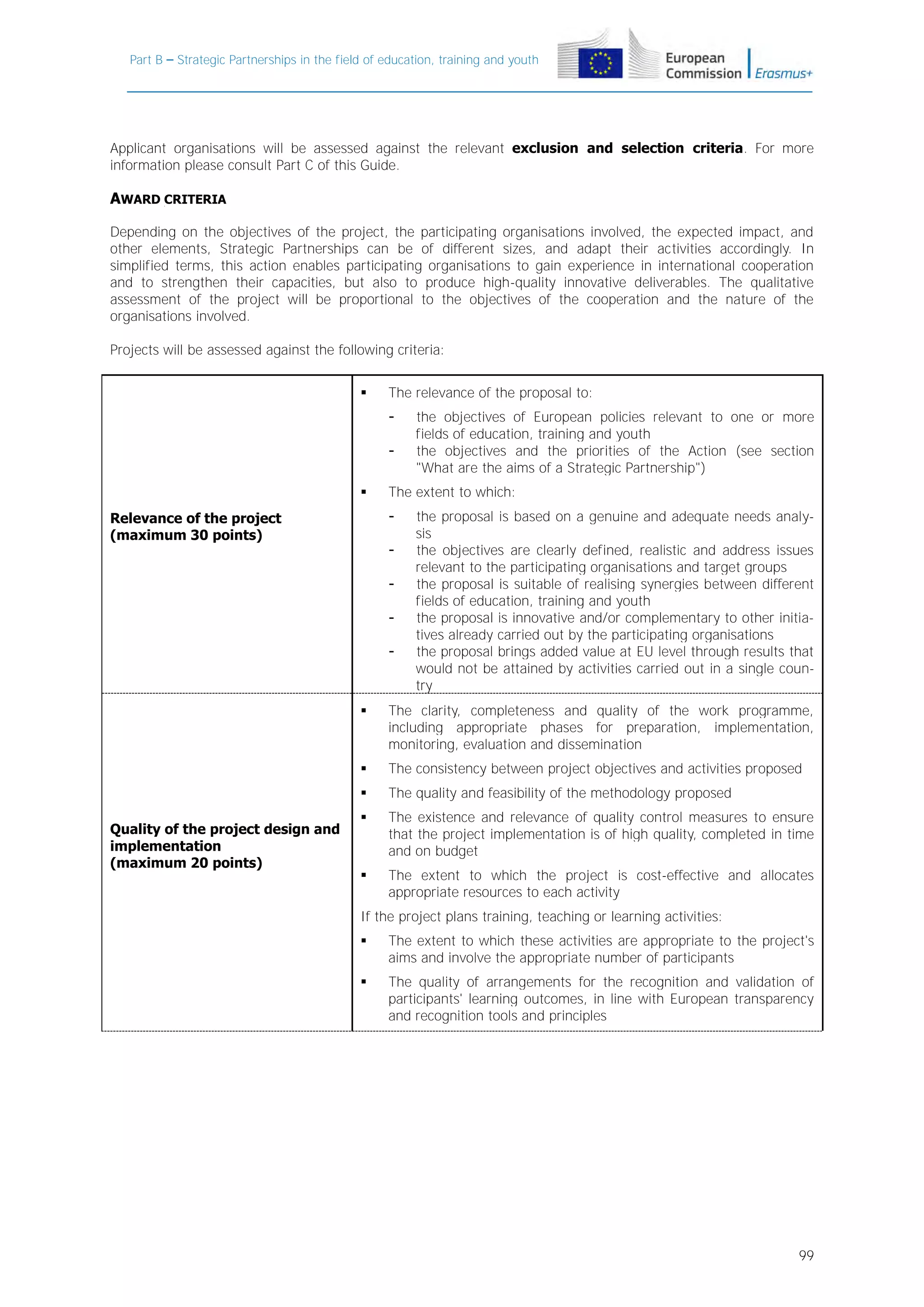 Part B – Strategic Partnerships in the field of education, training and youth

Applicant organisations will be assessed against the relevant exclusion and selection criteria. For more
information please consult Part C of this Guide.

AWARD CRITERIA
Depending on the objectives of the project, the participating organisations involved, the expected impact, and
other elements, Strategic Partnerships can be of different sizes, and adapt their activities accordingly. In
simplified terms, this action enables participating organisations to gain experience in international cooperation
and to strengthen their capacities, but also to produce high-quality innovative deliverables. The qualitative
assessment of the project will be proportional to the objectives of the cooperation and the nature of the
organisations involved.
Projects will be assessed against the following criteria:


The relevance of the proposal to:
-



The extent to which:
-

Relevance of the project
(maximum 30 points)

the objectives of European policies relevant to one or more
fields of education, training and youth
the objectives and the priorities of the Action (see section
"What are the aims of a Strategic Partnership")

-

the proposal is based on a genuine and adequate needs analysis
the objectives are clearly defined, realistic and address issues
relevant to the participating organisations and target groups
the proposal is suitable of realising synergies between different
fields of education, training and youth
the proposal is innovative and/or complementary to other initiatives already carried out by the participating organisations
the proposal brings added value at EU level through results that
would not be attained by activities carried out in a single country





The consistency between project objectives and activities proposed


Quality of the project design and
implementation
(maximum 20 points)

The clarity, completeness and quality of the work programme,
including appropriate phases for preparation, implementation,
monitoring, evaluation and dissemination
The quality and feasibility of the methodology proposed



The existence and relevance of quality control measures to ensure
that the project implementation is of high quality, completed in time
and on budget



The extent to which the project is cost-effective and allocates
appropriate resources to each activity

If the project plans training, teaching or learning activities:


The extent to which these activities are appropriate to the project's
aims and involve the appropriate number of participants



The quality of arrangements for the recognition and validation of
participants' learning outcomes, in line with European transparency
and recognition tools and principles

99

 
