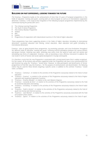 Programme
Guide

BUILDING ON PAST EXPERIENCE, LOOKING TOWARDS THE FUTURE
The Erasmus+ Programme builds on the achievements of more than 25 years of European programmes in the
fields of education, training and youth, covering both an intra-European as well as an international cooperation
dimension. Erasmus+ is the result of the integration of the following European programmes implemented by the
Commission during the period 2007-2013:








The Lifelong Learning Programme
The Youth in Action Programme
The Erasmus Mundus Programme
Tempus
Alfa
Edulink
Programmes of cooperation with industrialised countries in the field of higher education

These programmes have been supporting Actions in the fields of higher education (including its international
dimension), vocational education and training, school education, adult education and youth (including its
international dimension).
Erasmus+ aims at going beyond these programmes, by promoting synergies and cross-fertilisation throughout
the different fields of education, training and youth, removing artificial boundaries between the various Actions
and project formats, fostering new ideas, attracting new actors from the world of work and civil society and
stimulating new forms of cooperation. Erasmus+ aims at becoming a more effective instrument to address the
real needs in terms of human and social capital development in Europe and beyond.
It is therefore crucial that the new Programme is associated with a strong brand name that is widely recognised.
For this reason, all the Actions and activities supported under the Programme will have to be communicated first
and foremost by using the "Erasmus+" brand name. However, to help participants and beneficiaries of former
programmes to find their way into Erasmus+, for the purpose of communication and dissemination, the following
names may be used for those Actions targeting a specific sector, in addition to the common "Erasmus+" brand
name, as follows:









"Erasmus+: Comenius", in relation to the activities of the Programme exclusively related to the field of school
education;
"Erasmus+: Erasmus", in relation to the activities of the Programme exclusively related to the field of higher
education and targeting Programme Countries;
"Erasmus+: Erasmus Mundus", in relation to the Joint Masters Degrees;
"Erasmus+: Leonardo da Vinci", in relation to the activities of the Programme exclusively related to the field
of vocational education and training;
"Erasmus+: Grundtvig", in relation to the activities of the Programme exclusively related to the field of adult
learning;
"Erasmus+: Youth in Action", in relation to the activities of the Programme exclusively related to the field of
youth non-formal and informal learning;
"Erasmus+: Jean Monnet", in relation to the activities of the Programme exclusively associated with the field
of European Union studies;
"Erasmus+: Sports", in relation to the activities of the Programme exclusively related to the field of sport.

10

 