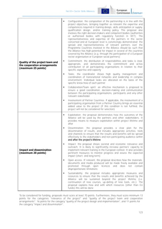 Part B – Sector Skills Alliances





Commitment: the distribution of responsibilities and tasks is clear,
appropriate, and demonstrates the commitment and active
contribution of all participating organisations in relation to their
specific expertise and capacity



Tasks: the coordinator shows high quality management and
coordination of transnational networks and leadership in complex
environment. Individual tasks are allocated on the basis of the
specific know-how of each partner



Collaboration/Team spirit: an effective mechanism is proposed to
ensure a good coordination, decision-making and communication
between the participating organisations, participants and any other
relevant stakeholder



Involvement of Partner Countries: if applicable, the involvement of a
participating organisation from a Partner Country brings an essential
added value to the project (if this condition is not fulfilled, the
project will not be considered for selection)



Exploitation: the proposal demonstrates how the outcomes of the
Alliance will be used by the partners and other stakeholders. It
provides means to measure exploitation within project lifetime and
after



Dissemination: the proposal provides a clear plan for the
dissemination of results, and includes appropriate activities, tools
and channels to ensure that the results and benefits will be spread
effectively to the stakeholders and non-participating audience within
and after the project’s lifetime



Impact: the proposal shows societal and economic relevance and
outreach. It is likely to significantly increase partners' capacity to
implement relevant training in the European context. It also provides
pertinent measures to monitor progress and assess the expected
impact (short- and long-term)



Open access: If relevant, the proposal describes how the materials,
documents and media produced will be made freely available and
promoted through open licences and does not contain
disproportionate limitations



Quality of the project team and
the cooperation arrangements
(maximum 25 points)

Configuration: the composition of the partnership is in line with the
project objectives, bringing together as relevant the expertise and
competences required in training design, skills anticipation or supply,
qualification design, and/or training policy. The proposal also
involves the right decision-makers and competent bodies (authorities
or authorised bodies with regulatory function in VET). The
representativeness and expertise of the partners in the sector
concerned and at European level is convincingly demonstrated: the
spread and representativeness of relevant partners over the
Programme Countries involved in the Alliance should be such that
the Alliance has high potential for impact in several of the countries
covered by the Alliance (e.g. through the participation of a European
sector organisation or European social partners)

Sustainability: the proposal includes appropriate measures and
resources to ensure that the results and benefits achieved by the
Alliance will be sustained beyond the project lifetime (i.e.
continuation of new courses, up-dating of new tools, etc.). The
proposal explains how and with which resources (other than EU
funds) this will be done

Impact and dissemination
(maximum 20 points)

To be considered for funding, proposals must score at least 70 points. Furthermore, they must score minimum 13
points for the categories "relevance of the project" and "quality of the project team and cooperation
arrangements"; 16 points for the category "quality of the project design and implementation", and 11 points for
the category "impact and dissemination".
123

 