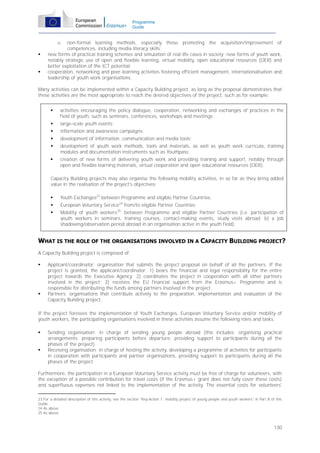 Programme
Guide

non-formal learning methods, especially those promoting the acquisition/improvement of
competences, including media literacy skills;
new forms of practical training schemes and simulation of real life cases in society; new forms of youth work,
notably strategic use of open and flexible learning, virtual mobility, open educational resources (OER) and
better exploitation of the ICT potential;
cooperation, networking and peer-learning activities fostering efficient management, internationalisation and
leadership of youth work organisations.
o





Many activities can be implemented within a Capacity Building project, as long as the proposal demonstrates that
these activities are the most appropriate to reach the desired objectives of the project, such as for example:


activities encouraging the policy dialogue, cooperation, networking and exchanges of practices in the
field of youth, such as seminars, conferences, workshops and meetings;



large-scale youth events;



information and awareness campaigns;



development of information, communication and media tools;



development of youth work methods, tools and materials, as well as youth work curricula, training
modules and documentation instruments such as Youthpass;



creation of new forms of delivering youth work and providing training and support, notably through
open and flexible learning materials, virtual cooperation and open educational resources (OER).

Capacity Building projects may also organise the following mobility activities, in so far as they bring added
value in the realisation of the project's objectives:


Youth Exchanges23 between Programme and eligible Partner Countries;



European Voluntary Service24 from/to eligible Partner Countries;



Mobility of youth workers 25. between Programme and eligible Partner Countries (i.e. participation of
youth workers in seminars, training courses, contact-making events, study visits abroad; b) a job
shadowing/observation period abroad in an organisation active in the youth field).

WHAT IS THE ROLE OF THE ORGANISATIONS INVOLVED IN A CAPACITY BUILDING PROJECT?
A Capacity Building project is composed of:




Applicant/coordinator: organisation that submits the project proposal on behalf of all the partners. If the
project is granted, the applicant/coordinator: 1) bears the financial and legal responsibility for the entire
project towards the Executive Agency; 2) coordinates the project in cooperation with all other partners
involved in the project; 3) receives the EU financial support from the Erasmus+ Programme and is
responsible for distributing the funds among partners involved in the project.
Partners: organisations that contribute actively to the preparation, implementation and evaluation of the
Capacity Building project.

If the project foresees the implementation of Youth Exchanges, European Voluntary Service and/or mobility of
youth workers, the participating organisations involved in these activities assume the following roles and tasks:




Sending organisation: in charge of sending young people abroad (this includes: organising practical
arrangements; preparing participants before departure; providing support to participants during all the
phases of the project).
Receiving organisation: in charge of hosting the activity, developing a programme of activities for participants
in cooperation with participants and partner organisations, providing support to participants during all the
phases of the project.

Furthermore, the participation in a European Voluntary Service activity must be free of charge for volunteers, with
the exception of a possible contribution for travel costs (if the Erasmus+ grant does not fully cover these costs)
and superfluous expenses not linked to the implementation of the activity. The essential costs for volunteers'
23 For a detailed description of this activity, see the section "Key-Action 1: mobility project of young people and youth workers" in Part B of this
Guide.
24 As above.
25 As above.

130

 