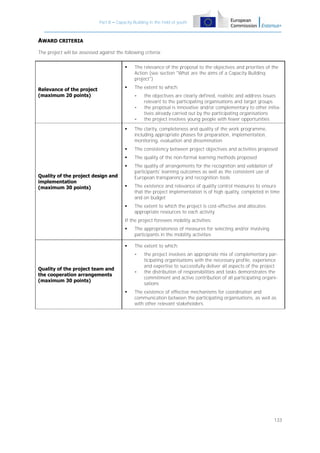 Part B – Capacity Building in the field of youth

AWARD CRITERIA
The project will be assessed against the following criteria:


Relevance of the project
(maximum 20 points)

The relevance of the proposal to the objectives and priorities of the
Action (see section "What are the aims of a Capacity Building
project")



The extent to which:
-

the objectives are clearly defined, realistic and address issues
relevant to the participating organisations and target groups
the proposal is innovative and/or complementary to other initiatives already carried out by the participating organisations
the project involves young people with fewer opportunities





The consistency between project objectives and activities proposed



The quality of the non-formal learning methods proposed



The quality of arrangements for the recognition and validation of
participants' learning outcomes as well as the consistent use of
European transparency and recognition tools



The existence and relevance of quality control measures to ensure
that the project implementation is of high quality, completed in time
and on budget



Quality of the project design and
implementation
(maximum 30 points)

The clarity, completeness and quality of the work programme,
including appropriate phases for preparation, implementation,
monitoring, evaluation and dissemination

The extent to which the project is cost-effective and allocates
appropriate resources to each activity

If the project foresees mobility activities:



The appropriateness of measures for selecting and/or involving
participants in the mobility activities
The extent to which:
-

Quality of the project team and
the cooperation arrangements
(maximum 30 points)

-



the project involves an appropriate mix of complementary participating organisations with the necessary profile, experience
and expertise to successfully deliver all aspects of the project
the distribution of responsibilities and tasks demonstrates the
commitment and active contribution of all participating organisations

The existence of effective mechanisms for coordination and
communication between the participating organisations, as well as
with other relevant stakeholders

133

 