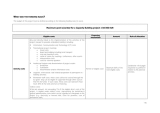 WHAT ARE THE FUNDING RULES?
The budget of the project must be drafted according to the following funding rules (in euro):

Maximum grant awarded for a Capacity Building project: 150 000 EUR

Eligible costs

Financing
mechanism

Amount

Rule of allocation

Any cost directly linked to the implementation of the activities of the
project (except for possible embedded mobility) including:


Information, Communication and Technology (ICT) costs



Transnational project meetings:
o travel costs
o board and lodging including local transport
o visa and insurance costs
o rental of rooms for meetings, conferences, other events
o interpretation costs
o costs for external speakers



Intellectual outputs and dissemination of project results
o Production
o Translation
o Dissemination and/or information costs

Activity costs


Linguistic, intercultural, task-related preparation of participants in
mobility activities.



Portion of eligible costs

Maximum 80% of the
total eligible costs.

Conditional: the budget
requested is justified in
relation to the planned
activities.

Permanent staff costs: these costs cannot be covered through the
EU grant; they can be eligible if supported through other sources
than the EU funds. In such cases, these costs can represent maximum 30% of the total external co-financing.

Indirect costs:
A flat-rate amount, not exceeding 7% of the eligible direct costs of the
project, is eligible under indirect costs, representing the beneficiary's
general administrative costs which can be regarded as chargeable to the
project (e.g. electricity or internet bills, costs for premises, cost of
permanent staff).
135

 
