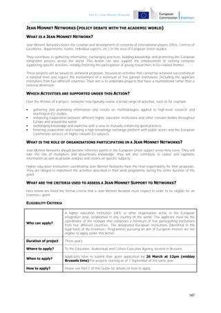 Part B – Jean Monnet Networks

JEAN MONNET NETWORKS (POLICY DEBATE WITH THE ACADEMIC WORLD)
WHAT IS A JEAN MONNET NETWORK?
Jean Monnet Networks foster the creation and development of consortia of international players (HEIs, Centres of
Excellence, departments, teams, individual experts, etc.) in the area of European Union studies.
They contribute to gathering information, exchanging practices, building knowledge and promoting the European
integration process across the world. This Action can also support the enhancement of existing networks
supporting specific activities, notably fostering the participation of young researchers in EU-related themes.
These projects will be based on unilateral proposals, focused on activities that cannot be achieved successfully at
a national level and require the involvement of a minimum of five partner institutions (including the applicant
institution) from five different countries. Their aim is to undertake projects that have a multinational rather than a
national dimension.

WHICH ACTIVITIES ARE SUPPORTED UNDER THIS ACTION?
Over the lifetime of a project, networks may typically realise a broad range of activities, such as for example:





gathering and promoting information and results on methodologies applied to high-level research and
teaching on EU studies;
enhancing cooperation between different higher education institutions and other relevant bodies throughout
Europe and around the world;
exchanging knowledge and expertise with a view to mutually enhancing good practices;
fostering cooperation and creating a high knowledge exchange platform with public actors and the European
Commission services on highly relevant EU subjects.

WHAT IS THE ROLE OF ORGANISATIONS PARTICIPATING IN A JEAN MONNET NETWORKS?
Jean Monnet Networks should become reference points in the European Union subject areas they cover. They will
take the role of multipliers and disseminate knowledge; they will also contribute to collect and capitalize
information as well as provide analysis and visions on specific subjects.
Higher education institutions coordinating Jean Monnet Networks have the final responsibility for their proposals.
They are obliged to implement the activities described in their work programme during the entire duration of the
grant.

WHAT ARE THE CRITERIA USED TO ASSESS A JEAN MONNET SUPPORT TO NETWORKS?
Here below are listed the formal criteria that a Jean Monnet Network must respect in order to be eligible for an
Erasmus+ grant:

ELIGIBILITY CRITERIA

Who can apply?

A higher education institution (HEI) or other organisation active in the European
integration area, established in any country of the world. The applicant must be the
coordinator of the network that comprises a minimum of five participating institutions
from five different countries. The designated European institutions (identified in the
legal basis of the Erasmus+ Programme) pursuing an aim of European interest are not
eligible to apply under this Action.

Duration of project

Three years.

Where to apply?

To the Education, Audiovisual and Culture Executive Agency, located in Brussels.

When to apply?

Applicants have to submit their grant application by 26 March at 12pm (midday
Brussels time) For projects starting as of 1 September of the same year.

How to apply?

Please see Part C of this Guide for details on how to apply.

167

 
