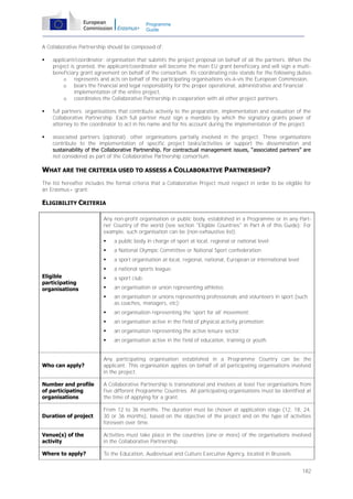 Programme
Guide

A Collaborative Partnership should be composed of:


applicant/coordinator: organisation that submits the project proposal on behalf of all the partners. When the
project is granted, the applicant/coordinator will become the main EU grant beneficiary and will sign a multibeneficiary grant agreement on behalf of the consortium. Its coordinating role stands for the following duties:
o represents and acts on behalf of the participating organisations vis-à-vis the European Commission,
o bears the financial and legal responsibility for the proper operational, administrative and financial
implementation of the entire project,
o coordinates the Collaborative Partnership in cooperation with all other project partners.



full partners: organisations that contribute actively to the preparation, implementation and evaluation of the
Collaborative Partnership. Each full partner must sign a mandate by which the signatory grants power of
attorney to the coordinator to act in his name and for his account during the implementation of the project.



associated partners (optional): other organisations partially involved in the project. These organisations
contribute to the implementation of specific project tasks/activities or support the dissemination and
sustainability of the Collaborative Partnership. For contractual management issues, “associated partners” are
not considered as part of the Collaborative Partnership consortium.

WHAT ARE THE CRITERIA USED TO ASSESS A COLLABORATIVE PARTNERSHIP?
The list hereafter includes the formal criteria that a Collaborative Project must respect in order to be eligible for
an Erasmus+ grant:

ELIGIBILITY CRITERIA
Any non-profit organisation or public body, established in a Programme or in any Partner Country of the world (see section "Eligible Countries" in Part A of this Guide). For
example, such organisation can be (non-exhaustive list):



a National Olympic Committee or National Sport confederation;



a sport organisation at local, regional, national, European or international level;



a national sports league;



a sport club;



an organisation or union representing athletes;



an organisation or unions representing professionals and volunteers in sport (such
as coaches, managers, etc);



an organisation representing the 'sport for all' movement;



an organisation active in the field of physical activity promotion;



an organisation representing the active leisure sector;



Eligible
participating
organisations

a public body in charge of sport at local, regional or national level;

an organisation active in the field of education, training or youth.

Who can apply?

Any participating organisation established in a Programme Country can be the
applicant. This organisation applies on behalf of all participating organisations involved
in the project.

Number and profile
of participating
organisations

A Collaborative Partnership is transnational and involves at least five organisations from
five different Programme Countries. All participating organisations must be identified at
the time of applying for a grant.

Duration of project

From 12 to 36 months. The duration must be chosen at application stage (12, 18, 24,
30 or 36 months), based on the objective of the project and on the type of activities
foreseen over time.

Venue(s) of the
activity

Activities must take place in the countries (one or more) of the organisations involved
in the Collaborative Partnership.

Where to apply?

To the Education, Audiovisual and Culture Executive Agency, located in Brussels.
182

 