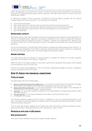 Programme
Guide

Where the application concerns grants for a project for which the amount exceeds 750 000 EUR, an audit report
produced by an approved external auditor may be requested. That report shall certify the accounts for the last
financial year available.
If, following the analysis of these documents, the National or Executive Agency concludes that the required
financial capacity has not been proved or is not satisfactory, then they may:






ask for further information;
offer a grant agreement or decision with a pre-financing covered by a financial guarantee;
offer a grant agreement or grant decision without pre-financing or with a reduced pre-financing;
offer a grant agreement or grant decision with pre-financing based on several instalments;
reject the application.

OPERATIONAL CAPACITY
Operational capacity means that the applicant has the necessary professional competencies and qualifications to
carry out the proposed project. Applicants must provide a declaration on their honour certifying that they have
the operational capacity to implement the project. In addition, if required in the application form, applicants may
be asked to submit the CVs of the key persons involved in the project to demonstrate their relevant professional
experience.
For recurrent beneficiaries, the performance demonstrated in managing and implementing previous Erasmus+ or
previous European Programmes in the fields of education, training and youth, projects will also be considered by
the National or Executive Agency when assessing the applicant's operational capacity.

AWARD CRITERIA
The award criteria allow the National or Executive Agency to evaluate the quality of the project proposals
submitted in the framework of the Erasmus+ Programme.
Within the limits of the budget available for each Action, grants will be awarded to those projects which respond
to these qualitative criteria in the best way.
The full set of award criteria applying to each of the Actions implemented through the Erasmus+ Programme
Guide are described in Part B of the Guide.

STEP 3: CHECK THE FINANCIAL CONDITIONS
TYPES OF GRANT
The grant may be any of the following types:






grant of a specified portion of the eligible costs: e.g. the amount awarded under the framework of Strategic
Partnerships to cover additional costs linked to the participation of persons with special needs;
grant on the basis of unit costs: e.g. the amount awarded for the individual support in the framework of
mobility projects in the field of education, training and youth;
lump sum: e.g. the amount awarded to contribute to the implementation of complementary activities under
Jean Monnet Projects;
flat-rate financing: e.g. the amount awarded to cover indirect costs for profit sport events;
a combination of the above.

The financing mechanism applied under the Erasmus+ Programme in most cases provide grants based on unit
costs. These types of grant help applicants to easily calculate the requested grant amount and facilitate a realistic
financial planning of the project.
To know which type of grant is applied to each funding item under each Erasmus+ Action covered by this Guide,
please see the column "financing mechanism" in the "funding rules" tables in Part B.

PRINCIPLES APPLYING TO EU GRANTS
NON RETROACTIVITY
No EU grant may be awarded retroactively for projects already completed.

194

 
