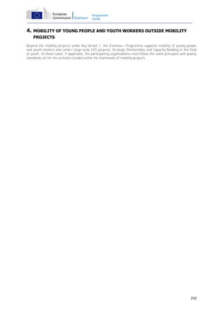 Programme
Guide

4.

MOBILITY OF YOUNG PEOPLE AND YOUTH WORKERS OUTSIDE MOBILITY
PROJECTS

Beyond the mobility projects under Key Action 1, the Erasmus+ Programme supports mobility of young people
and youth workers also under Large-scale EVS projects, Strategic Partnerships and Capacity Building in the field
of youth. In these cases, if applicable, the participating organisations must follow the same principles and quality
standards set for the activities funded within the framework of mobility projects.

232

 
