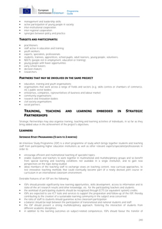 Programme
Guide







management and leadership skills;
active participation of young people in society;
inter-institutional cooperation;
inter-regional cooperation;
synergies between policy and practice.

TARGETS AND PARTICIPANTS:











practitioners;
staff active in education and training;
youth workers;
experts, specialists, professionals;
students, trainees, apprentices, school pupils, adult learners, young people, volunteers;
NEETs (people not in employment, education or training);
young people with fewer opportunities;
early school leavers;
decision-makers;
researchers.

PARTNERS THAT MAY BE INVOLVED IN THE SAME PROJECT








education, training and youth organisations;
organisations that work across a range of fields and sectors (e.g. skills centres or chambers of commerce,
etc.) public sector bodies;
enterprises, companies, representatives of business and labour market;
community organisations;
research and innovation bodies;
civil society organisations;
social partners.

TRAINING, TEACHING
PARTNERSHIPS

AND

LEARNING

EMBEDDED

IN

STRATEGIC

Strategic Partnerships may also organise training, teaching and learning activities of individuals, in so far as they
bring added value in the achievement of the project's objectives.

LEARNERS
INTENSIVE STUDY PROGRAMMES (5 DAYS TO 2 MONTHS)
An Intensive Study Programme (ISP) is a short programme of study which brings together students and teaching
staff from participating higher education institutions as well as other relevant experts/specialist/professionals in
order to:





encourage efficient and multinational teaching of specialist topics;
enable students and teachers to work together in multinational and multidisciplinary groups and so benefit
from special learning and teaching conditions not available in a single institution, and to gain new
perspectives on the topic being studied;
allow members of the teaching staff to exchange views on teaching content, new curricula approaches, to
test innovative teaching methods that could eventually become part of a newly devised joint course or
curriculum in an international classroom environment.

Desirable features of an ISP are the following:








ISPs should provide significantly new learning opportunities, skills development, access to information and to
state-of-the art research results and other knowledge, etc. for the participating teachers and students;
the workload of participating students should be recognised through ECTS (or equivalent system) credits;
ISPs are expected to use ICT tools and services to support the preparation and follow-up of the ISP, thereby
contributing to the creation of a sustainable learning community in the subject area concerned;
the ratio of staff to students should guarantee active classroom participation;
a balance should be kept between the participation of transnational and national students and staff;
the ISP should present a strong multidisciplinary approach, fostering the interaction of students from
different academic disciplines;
in addition to the learning outcomes on subject-related competences, ISPs should favour the transfer of
240

 