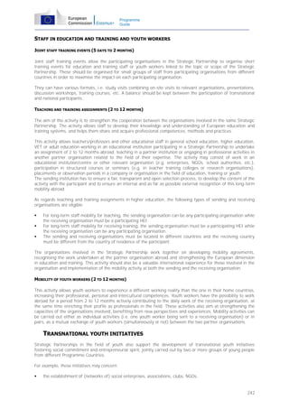 Programme
Guide

STAFF IN EDUCATION AND TRAINING AND YOUTH WORKERS
JOINT STAFF TRAINING EVENTS (5 DAYS TO 2 MONTHS)
Joint staff training events allow the participating organisations in the Strategic Partnership to organise short
training events for education and training staff or youth workers linked to the topic or scope of the Strategic
Partnership. These should be organised for small groups of staff from participating organisations from different
countries in order to maximise the impact on each participating organisation.
They can have various formats, i.e. study visits combining on-site visits to relevant organisations, presentations,
discussion workshops, training courses, etc. A balance should be kept between the participation of transnational
and national participants.
TEACHING AND TRAINING ASSIGNMENTS (2 TO 12 MONTHS)
The aim of the activity is to strengthen the cooperation between the organisations involved in the same Strategic
Partnership. The activity allows staff to develop their knowledge and understanding of European education and
training systems, and helps them share and acquire professional competences, methods and practices.
This activity allows teachers/professors and other educational staff in general school education, higher education,
VET or adult education working in an educational institution participating in a Strategic Partnership to undertake
an assignment of 2 to 12 months abroad, teaching in a partner institution or engaging in professional activities in
another partner organisation related to the field of their expertise. The activity may consist of work in an
educational institution/centre or other relevant organisation (e.g. enterprises, NGOs, school authorities, etc.),
participation in structured courses or seminars (e.g. in teacher training colleges or research organisations),
placements or observation periods in a company or organisation in the field of education, training or youth.
The sending institution has to ensure a fair, transparent and open selection process, to develop the content of the
activity with the participant and to ensure an internal and as far as possible external recognition of this long-term
mobility abroad.
As regards teaching and training assignments in higher education, the following types of sending and receiving
organisations are eligible:




For long-term staff mobility for teaching, the sending organisation can be any participating organisation while
the receiving organisation must be a participating HEI.
For long-term staff mobility for receiving training, the sending organisation must be a participating HEI while
the receiving organisation can be any participating organisation.
The sending and receiving organisations must be located in different countries and the receiving country
must be different from the country of residence of the participant.

The organisations involved in the Strategic Partnership work together on developing mobility agreements,
recognising the work undertaken at the partner organisation abroad and strengthening the European dimension
in education and training. This activity should also be a valuable international experience for those involved in the
organisation and implementation of the mobility activity at both the sending and the receiving organisation.
MOBILITY OF YOUTH WORKERS (2 TO 12 MONTHS)
This activity allows youth workers to experience a different working reality than the one in their home countries,
increasing their professional, personal and intercultural competences. Youth workers have the possibility to work
abroad for a period from 2 to 12 months actively contributing to the daily work of the receiving organisation, at
the same time enriching their profile as professionals in the field. These activities also aim at strengthening the
capacities of the organisations involved, benefiting from new perspectives and experiences. Mobility activities can
be carried out either as individual activities (i.e. one youth worker being sent to a receiving organisation) or in
pairs, as a mutual exchange of youth workers (simultaneously or not) between the two partner organisations.

TRANSNATIONAL YOUTH INITIATIVES
Strategic Partnerships in the field of youth also support the development of transnational youth initiatives
fostering social commitment and entrepreneurial spirit, jointly carried out by two or more groups of young people
from different Programme Countries.
For example, these initiatives may concern:


the establishment of (networks of) social enterprises, associations, clubs, NGOs,

242

 