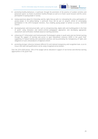 Part B – Information about the Actions covered by this Guide



promoting healthy behaviours, in particular through the promotion of the practice of outdoor activities and
grassroots sports, as means to promote healthy lifestyles as well as to foster social inclusion and the active
participation of young people in society;



raising awareness about EU Citizenship and the rights that go with it or stimulating the active participation of
young people in EU policy-making; a particular focus will be put on projects aimed at encouraging
participation in the 2014 European elections, thus enabling young people to behave as active, informed
citizens;



developing basic and transversal skills, such as entrepreneurship, digital skills and multilingualism in the field
of youth, using innovative and learner-centred pedagogical approaches and developing appropriate
assessment and certification methods based on learning outcomes;



enhancing ICT (Information and Communication Technologies) uptake in youth work and non-formal learning,
through the support of learning and access to open educational resources (OER) in the youth field,
supporting ICT-based training and assessment practices and by promoting the transparency of rights and
obligations of users and producers of digitised content;



promoting stronger coherence between different EU and national transparency and recognition tools, so as to
ensure that skills and qualifications can be easily recognised across borders.

Over the 2014-2020 period, 10% of the budget will be allocated in support of non-formal and informal learning
opportunities in the youth field.

29

 