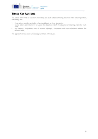 Programme
Guide

THREE KEY ACTIONS
The Actions in the fields of education and training and youth will be commonly presented in the following sections,
considering that:




these Actions are all organised in a framework based on three Key Actions;
several Actions are instruments to support the objectives in both the education and training and in the youth
fields;
the Erasmus+ Programme aims to promote synergies, cooperation and cross-fertilisation between the
different fields.

This approach will also avoid unnecessary repetitions in this Guide.

30

 