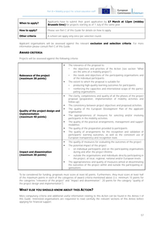 Part B – Mobility project for school education staff

When to apply?

Applicants have to submit their grant application by 17 March at 12pm (midday
Brussels time) for projects starting as of 1 July of the same year.

How to apply?

Please see Part C of this Guide for details on how to apply.

Other criteria

A school can apply only once per selection round.

Applicant organisations will be assessed against the relevant exclusion and selection criteria. For more
information please consult Part C of this Guide.

AWARD CRITERIA
Projects will be assessed against the following criteria:


Relevance of the project
(maximum 30 points)




Quality of the project design and
implementation
(maximum 40 points)










Impact and dissemination
(maximum 30 points)


The relevance of the proposal to:
the objectives and priorities of the Action (see section "What
are the aims of a mobility project")
the needs and objectives of the participating organisations and
of the individual participants
The extent to which the proposal is suitable for:
producing high-quality learning outcomes for participants
reinforcing the capacities and international scope of the participating organisations
The clarity, completeness and quality of all the phases of the project
proposal (preparation, implementation of mobility activities and
follow-up)
The consistency between project objectives and proposed activities
The quality of the European Development Plan of the applicant
organisation
The appropriateness of measures for selecting and/or involving
participants in the mobility activities
The quality of the practical arrangements, management and support
modalities
The quality of the preparation provided to participants
The quality of arrangements for the recognition and validation of
participants' learning outcomes, as well as the consistent use of
European transparency and recognition tools
The quality of measures for evaluating the outcomes of the project
The potential impact of the project:
on individual participants and on the participating organisations
during and after the project lifetime
outside the organisations and individuals directly participating in
the project, at local, regional, national and/or European levels
The appropriateness and quality of measures aimed at disseminating
the outcomes of the project within and outside the participating organisations

To be considered for funding, proposals must score at least 60 points. Furthermore, they must score at least half
of the maximum points in each of the categories of award criteria mentioned above (i.e. minimum 15 points for
the categories "relevance of the project" and "impact and dissemination"; 20 points for the category "quality of
the project design and implementation").

WHAT ELSE YOU SHOULD KNOW ABOUT THIS ACTION?
More compulsory criteria and additional useful information relating to this Action can be found in the Annex I of
this Guide. Interested organisations are requested to read carefully the relevant sections of this Annex before
applying for financial support.

57

 