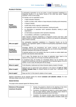 Part B – Knowledge Alliances

ELIGIBILITY CRITERIA
A participating organisation can be any public or private organisation established in a
Programme Country or in any Partner Country of the world (see section "Eligible
Countries" in Part A of this Guide).
For example, such an organisation can be:


a public or private, small, medium or large enterprise (including social enterprises);



a research institute;



a public body at local, regional or national level;



an organisation active in the field of education, training and youth;



an intermediary or association which represents education, training or youth
organisations;



an intermediary or association which represents enterprises;



Eligible
participating
organisations

a higher education institution;



an accreditation, certification or qualification body.

Higher education institutions established in a Programme Country must hold a valid
Erasmus Charter for Higher Education (ECHE). An ECHE is not required for participating
HEIs in Partner Countries.
Who can apply?

Number of
participating
organisations

Any participating organisation established in a Programme Country can be the
applicant. This organisation applies on behalf of all participating organisations involved
in the project.
Knowledge Alliances are transnational and involve minimum six independent
organisations from at least three Programme Countries, out of which at least two higher
education institutions and at least two enterprises.
If associate partners are to be involved, they have to provide an evident added value
and their role should be clearly described.
2 or 3 years. The duration has to be chosen at application stage, based on the
objective of the project and on the type of activities planned over time.

Duration of project

In exceptional cases, the duration of a Knowledge Alliance may be extended, upon
request by the beneficiary and with the agreement of the Executive Agency, of up to 6
months. In such a case, the total grant will not change.

Where to apply?

To the Education, Audiovisual and Culture Executive Agency, located in Brussels.

When to apply?

Applicants have to submit their grant application at the latest by 3 April at 12pm
(midday Brussels time) for projects starting not earlier than 1 November of the
same year.

How to apply?

Please see Part C of this Guide for details on how to apply.

Applicant organisations will be assessed against the relevant exclusion and selection criteria. For more
information please consult Part C of this Guide.

AWARD CRITERIA
The project will be assessed against the following criteria:
Relevance of the proposal



Purpose: the proposal is relevant to the objectives of the Action
(see section "What are the aims of a Knowledge Alliance");



Consistency: the objectives are based on a sound needs analysis;
they are clearly defined, realistic and address issues relevant to
the participating organisations and to the Action;



Innovation: the proposal considers state-of-the-art methods and
techniques, and leads to project-specific innovative results and

(maximum 25 points)

111

 