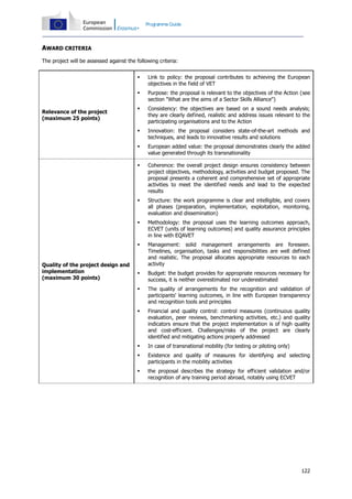 Programme Guide

AWARD CRITERIA
The project will be assessed against the following criteria:




Consistency: the objectives are based on a sound needs analysis;
they are clearly defined, realistic and address issues relevant to the
participating organisations and to the Action
Innovation: the proposal considers state-of-the-art methods and
techniques, and leads to innovative results and solutions



European added value: the proposal demonstrates clearly the added
value generated through its transnationality



Coherence: the overall project design ensures consistency between
project objectives, methodology, activities and budget proposed. The
proposal presents a coherent and comprehensive set of appropriate
activities to meet the identified needs and lead to the expected
results



Structure: the work programme is clear and intelligible, and covers
all phases (preparation, implementation, exploitation, monitoring,
evaluation and dissemination)



Methodology: the proposal uses the learning outcomes approach,
ECVET (units of learning outcomes) and quality assurance principles
in line with EQAVET



Quality of the project design and
implementation
(maximum 30 points)

Purpose: the proposal is relevant to the objectives of the Action (see
section "What are the aims of a Sector Skills Alliance")



Relevance of the project
(maximum 25 points)

Link to policy: the proposal contributes to achieving the European
objectives in the field of VET

Management: solid management arrangements are foreseen.
Timelines, organisation, tasks and responsibilities are well defined
and realistic. The proposal allocates appropriate resources to each
activity



Budget: the budget provides for appropriate resources necessary for
success, it is neither overestimated nor underestimated



The quality of arrangements for the recognition and validation of
participants' learning outcomes, in line with European transparency
and recognition tools and principles



Financial and quality control: control measures (continuous
evaluation, peer reviews, benchmarking activities, etc.) and
indicators ensure that the project implementation is of high
and cost-efficient. Challenges/risks of the project are
identified and mitigating actions properly addressed



In case of transnational mobility (for testing or piloting only)



Existence and quality of measures for identifying and selecting
participants in the mobility activities



the proposal describes the strategy for efficient validation and/or
recognition of any training period abroad, notably using ECVET

quality
quality
quality
clearly

122

 