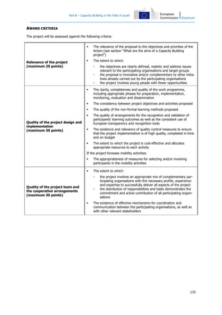 Part B – Capacity Building in the field of youth

AWARD CRITERIA
The project will be assessed against the following criteria:


Relevance of the project
(maximum 20 points)

The relevance of the proposal to the objectives and priorities of the
Action (see section "What are the aims of a Capacity Building
project")



The extent to which:
-

the objectives are clearly defined, realistic and address issues
relevant to the participating organisations and target groups
the proposal is innovative and/or complementary to other initiatives already carried out by the participating organisations
the project involves young people with fewer opportunities





The consistency between project objectives and activities proposed



The quality of the non-formal learning methods proposed



The quality of arrangements for the recognition and validation of
participants' learning outcomes as well as the consistent use of
European transparency and recognition tools



The existence and relevance of quality control measures to ensure
that the project implementation is of high quality, completed in time
and on budget



Quality of the project design and
implementation
(maximum 30 points)

The clarity, completeness and quality of the work programme,
including appropriate phases for preparation, implementation,
monitoring, evaluation and dissemination

The extent to which the project is cost-effective and allocates
appropriate resources to each activity

If the project foresees mobility activities:



The appropriateness of measures for selecting and/or involving
participants in the mobility activities
The extent to which:
-

Quality of the project team and
the cooperation arrangements
(maximum 30 points)

-



the project involves an appropriate mix of complementary participating organisations with the necessary profile, experience
and expertise to successfully deliver all aspects of the project
the distribution of responsibilities and tasks demonstrates the
commitment and active contribution of all participating organisations

The existence of effective mechanisms for coordination and
communication between the participating organisations, as well as
with other relevant stakeholders

133

 