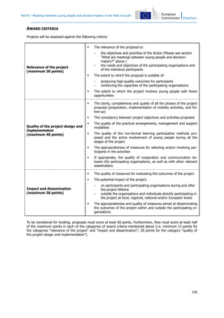 Part B – Meetings between young people and decision-makers in the field of youth

AWARD CRITERIA
Projects will be assessed against the following criteria:


The relevance of the proposal to:
-

Relevance of the project
(maximum 30 points)


the objectives and priorities of the Action (Please see section
"What are meetings between young people and decisionmakers?" above )
the needs and objectives of the participating organisations and
of the individual participants

The extent to which the proposal is suitable of:
-

producing high-quality outcomes for participants
reinforcing the capacities of the participating organisations




The clarity, completeness and quality of all the phases of the project
proposal (preparation, implementation of mobility activities, and follow-up)



The consistency between project objectives and activities proposed



The quality of the practical arrangements, management and support
modalities



The quality of the non-formal learning participative methods proposed and the active involvement of young people during all the
stages of the project



The appropriateness of measures for selecting and/or involving participants in the activities



If appropriate, the quality of cooperation and communication between the participating organisations, as well as with other relevant
stakeholders



The quality of measures for evaluating the outcomes of the project



Quality of the project design and
implementation
(maximum 40 points)

The extent to which the project involves young people with fewer
opportunities

The potential impact of the project:
-

Impact and dissemination
(maximum 30 points)



on participants and participating organisations during and after
the project lifetime
outside the organisations and individuals directly participating in
the project at local, regional, national and/or European levels

The appropriateness and quality of measures aimed at disseminating
the outcomes of the project within and outside the participating organisations

To be considered for funding, proposals must score at least 60 points. Furthermore, they must score at least half
of the maximum points in each of the categories of award criteria mentioned above (i.e. minimum 15 points for
the categories "relevance of the project" and "impact and dissemination"; 20 points for the category "quality of
the project design and implementation").

145

 