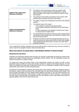 Part B – Jean Monnet support to Institutions and Associations



The extent to which the proposal involves key academic staff
demonstrating an excellent profile and qualifications in specific
fields of European Union studies, documented by evidence of highlevel activities



The pertinence of the profile and expertise of key academic staff
involved with the activities carried out in the project



The quality of measures for evaluating the outcomes of the teaching
activities



The potential impact of the project:
on the institution hosting the Jean Monnet Action
on the students and learners benefiting from the Jean Monnet
Action
on other organisations and individuals involved at local, regional, national and/or European levels



The appropriateness and quality of measures aimed at disseminating
the outcomes of the activities within and outside the institution hosting the Jean Monnet Action



If relevant, the extent to which the proposal describes how the materials, documents and media produced will be made freely available
and promoted through open licences, and does not contain disproportionate limitations

Quality of the project team
(Maximum 25 points)

Impact and dissemination
(Maximum 25 points)

To be considered for funding, proposals must score at least 60 points. Furthermore, they must score at least 13
points in each of the categories of award criteria mentioned above.

WHAT ELSE SHOULD YOU KNOW ABOUT A JEAN MONNET SUPPORT TO INSTITUTIONS?
DISSEMINATION AND IMPACT
Institutions and associations selected under this Action are required to disseminate and exploit the results of their
teaching and research activities beyond the stakeholders directly involved. This will considerably increase the
impact and contribute to a systemic change.
To increase their impact they should include in their dissemination activities the creation and offer of open
educational resources (OER) and involve open education activities to respond to technological progress. This will
foster more flexible and creative ways of learning and reach out to a considerably increasing number of students,
professionals, policy makers and other interested groups.
All Institutions and Associations, awarded a Jean Monnet grant, will be asked to update their respective section of
the Erasmus+ specific online tool where all the information about the Jean Monnet Activities will be hosted. They
will be strongly encouraged to use the relevant existing platforms and tools (i.e. the Jean Monnet directory, the
Jean Monnet virtual community). These functions, as part of the general IT tool for Erasmus+, will ensure that
the wider public is informed about the institutions and their Jean Monnet courses. Grant holders will be asked to
regularly update the tool with the results of their work.

165

 