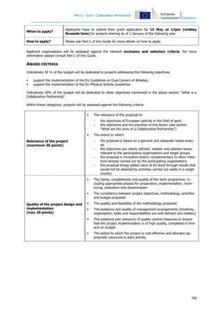 Part B – Sport – Collaborative Partnerships

When to apply?

Applicants have to submit their grant application by 15 May at 12pm (midday
Brussels time) for projects starting as of 1 January of the following year.

How to apply?

Please see Part C of this Guide for more details on how to apply.

Applicant organisations will be assessed against the relevant exclusion and selection criteria. For more
information please consult Part C of this Guide.

AWARD CRITERIA
Indicatively 50 % of the budget will be dedicated to projects addressing the following objectives:



support the implementation of the EU Guidelines on Dual Careers of Athletes;
support the implementation of the EU Physical Activity Guidelines.

Indicatively 50% of the budget will be dedicated to other objectives mentioned in the above section "What is a
Collaborative Partnership".
Within these categories, projects will be assessed against the following criteria:


The relevance of the proposal to:
-



The extent to which:
-

Relevance of the project
(maximum 30 points)

the objectives of European policies in the field of sport
the objectives and the priorities of this Action (see section
"What are the aims of a Collaborative Partnership")

-

the proposal is based on a genuine and adequate needs analysis
the objectives are clearly defined, realistic and address issues
relevant to the participating organisations and target groups
the proposal is innovative and/or complementary to other initiatives already carried out by the participating organisations
the proposal brings added value at EU level through results that
would not be attained by activities carried out solely in a single
country




Quality of the project design and
implementation
(max 20 points)

The clarity, completeness and quality of the work programme, including appropriate phases for preparation, implementation, monitoring, evaluation and dissemination
The consistency between project objectives, methodology, activities
and budget proposed



The quality and feasibility of the methodology proposed



The existence and quality of management arrangements (timelines,
organisation, tasks and responsibilities are well defined and realistic)



The existence and relevance of quality control measures to ensure
that the project implementation is of high quality, completed in time
and on budget



The extent to which the project is cost-effective and allocates appropriate resources to each activity

183

 